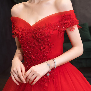 Off The Shoulder Red Wedding Dress Sweetheart Neckline Floor Length Ball Gown Floral Print Evening Gown - Product Image 4