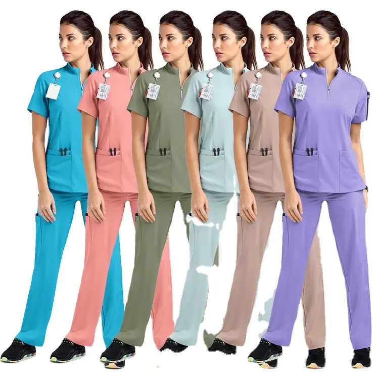 Set di scrub al collo con mezza cerniera alla moda divise per pulizie Spa uniforme da ospedale da donna scrub Set uniformi