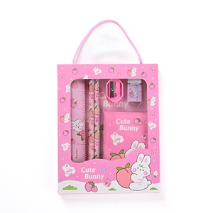 Set di Cancelleria Ecologico Promozionale a Tema Coniglietto Rosa, Matite, Righello, Gomma, Temperino, Quaderno per Bambini e <span class=keywords><strong>Scuola</strong></span> - Product Image 1