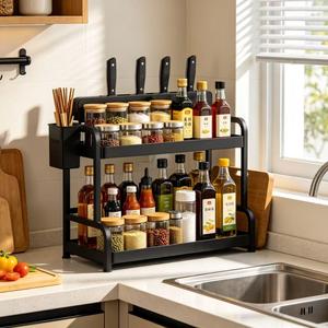 Adjustable Kitchen <b>Spice</b> Rack 3 Tier L Size Durable Multi Purpose <b>Storage</b> With Wooden Lid For Condiments Organization - Product Image 3