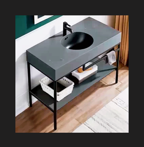 Console de Salle de Bain Noir Mat Assemblage Facile Evier Avec Pieds En Acier En <span class=keywords><strong>Blanc</strong></span> Structure Métallique Industrielle Tendance - Product Image 1