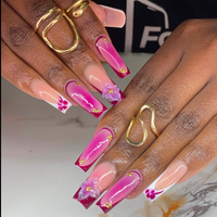 En gros Faux ongles à presser en acrylique faits main, couvrance totale, forme cercueil moyenne, rose ombré, style French, avec nœud 3D en forme d'aile
