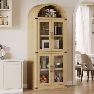 Vitrine en bois de 71,4 pouces de haut en chêne clair Portes d'étagère arquées Bibliothèques arrondies de <span class=keywords><strong>profondeur</strong></span> 15,83 pouces pour salon de ferme - Product Image 3