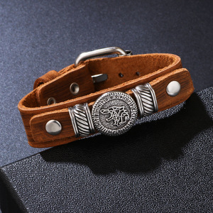 Wolf Head Genuine <b>Leather</b> <b>Bracelet</b> Brown Men's Fashion Jewelry Tibetan Silver Animal Charm <b>Bracelet</b> - Product Image 1