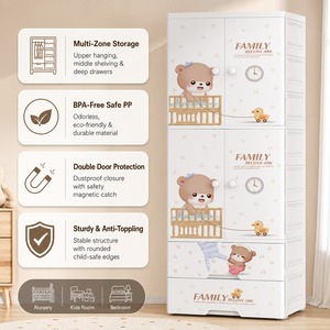 Armario de Almacenamiento de Plástico de 4 Niveles con Diseño de Dibujos Animados para Sala de Estar, Armario Portátil Moderno para Ropa de Bebé con Ruedas - Product Image 1