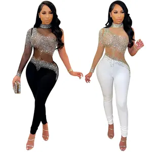 Een Schouder Stijlvolle Fall Womens Jumpsuits Sexy Kralen Mesh See Through Party Club Backless Bodysuit