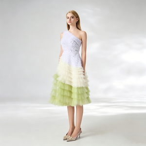Vestido Midi Ombre de un Hombro para <span class=keywords><strong>Mujer</strong></span> con Volantes en el Corsé y <span class=keywords><strong>Falda</strong></span> de <span class=keywords><strong>Tul</strong></span> Escalonada, Elegante para Fiestas Formales y Cócteles - Product Image 6