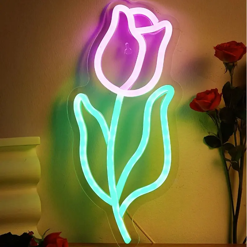 Dekorasi dinding bunga mawar cantik, lampu Neon LED