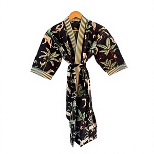 Bata Larga de Algodón Tejido con Estampado Animal para Mujer, Cuello en V, Manga Tres Cuartos, Estilo Kimono, Ropa de Dormir Casual de Verano - Product Image 1