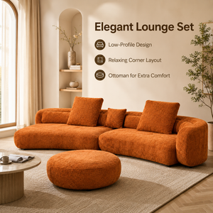 Divano Modulare Boucle Arancione Bruciato in Tessuto Morbido Testurizzato con Cuscini Profondi e Spaziosi, Silhouette Curva e Pouf Abbinato per la Casa - Product Image 6