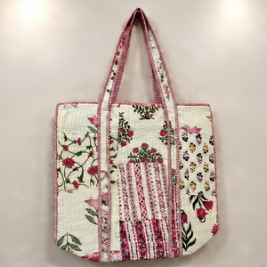 Premium <b>White</b> Floral Patchwork Tote <b>Bag</b> for Women Handmade Quilted Cotton Market Shopper Wholesale Bulk Supplier - Product Image 1