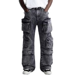 Pantalones Vaqueros Anchos de Estilo Americano para Hombre, Lavado a la Piedra, Multibolsillos, Cintura Media, Pierna Recta y Holgada, para Comercio Exterior - Product Image 1