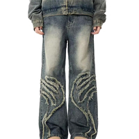 Jeans avec patch brodé d'appliques personnalisées Y2K jeans baggy vintage délavés au soleil pantalon en denim ample à jambes larges jeans streetwear pour hommes