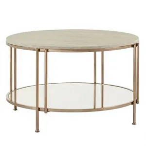 Mesa de centro redonda moderna para sala de estar, mesa con estructura de metal, estante de vidrio, mesa de centro con superficie de mármol para uso en oficina o restaurante. - Product Image 3