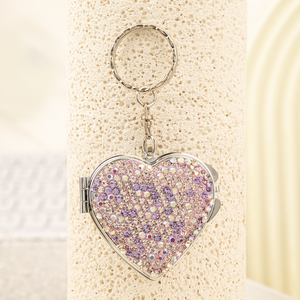 Mini Heart Bling Purple Rhinestone <b>Compact</b> <b>Mirror</b> Keychain Silver Electroplated Metal Frame Dual Sided HD Glass Pocket <b>Mirror</b> - Product Image 1