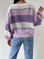 Pull à col rond contrasté pour femme, rayé, côtelé, décontracté, polyvalent, respirant, 100% polyester, tricoté à la machine