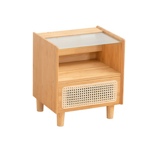 Modern Minimalist Solid Wood Nightstand With Glass Top And Rattan Drawer Bedroom Storage <b>Cabinet</b> Multifunctional Design - Product Image 5
