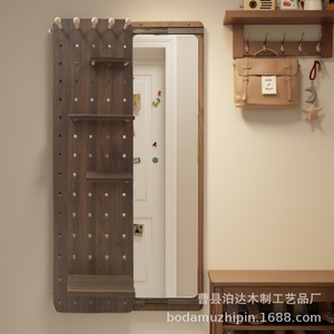 Solid Wood Pegboard With Sliding <b>Mirror</b> <b>Wall</b> Mounted Coat Rack Adjustable Storage Organizer <b>For</b> Entryway Decorative Use - Product Image 2