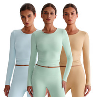 8016 costume de Yoga à manches longues pour femmes col rond T-shirt Pilates course Fitness haut de sport serré haut
