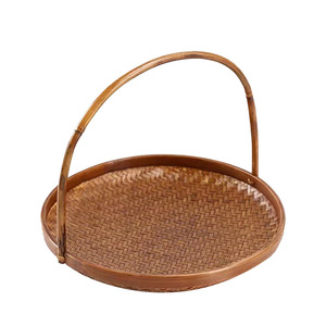 Bamboo Woven Round <b>Basket</b> Handmade <b>Storage</b> Tray For Snacks Jewelry Office Organizer - Product Image 1