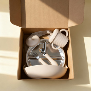 Assiette en acier inoxydable à ventouse pour enfants, personnalisable, lavable au lave-vaisselle, ensemble d'alimentation pour bébé en silicone avec manches en silicone amovibles - Product Image 3