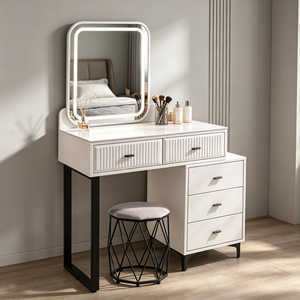 Modern <b>Makeup</b> <b>Vanity</b> With Lighted <b>Mirror</b> Storage Drawers Bedroom Dressing Table With Stool - Product Image 2