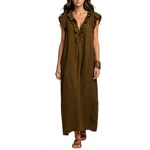 Vestido Maxi Boho con Volantes, Cuello en V Profundo, Sin Mangas, Corte Holgado, Color Sólido, Vestido Casual de Verano para Mujer - Product Image 3