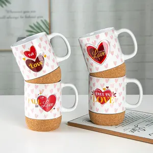 400ml Coffee Cups with Lid Cork Coaster Bottom Dishwasher Safe Ceramic for Saint Valentine's Day Travel Mugs