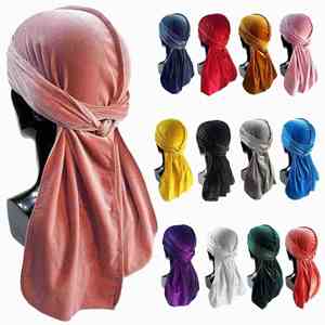En stock, vente en gros, bon marché, unisexe, foulards de tête en velours doux, bonnets de pirate multifonctionnels de couleur unie pour l'extérieur, durags à longue queue pour hommes - Product Image 1