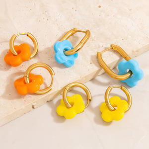 Pendientes de aro con forma de flor, colgante colorido de acero inoxidable para mujer, joyería de moda EH11829A - Product Image 2