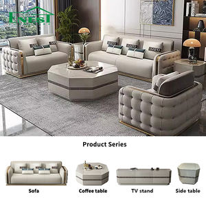 أريكة جلدية حديثة فاخرة غرفة المعيشة تشيسترفيلد مع أرائك تزيين ذهبية من الفولاذ المقاوم للصدأ 12 3 مقاعد - Product Image 1