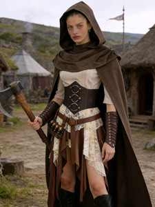 Disfraz de Guerrero Vikingo para Mujer Adulta, Conjunto de Vestido con Capucha Vintage de Poliéster para Halloween, Cosplay y Fiestas - Product Image 2