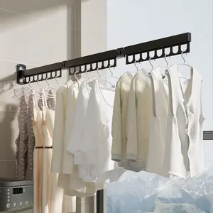 Wall-Mounted Retractable Aluminum Clothesline Folding Laundry Drying Rack with Hooks Clothes Hanger Rack
