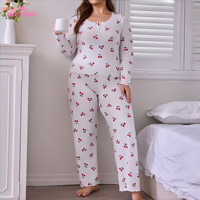 Ensemble de pyjama d'été pour femmes grandes tailles, imprimé cerises de luxe, respirant, simple, manches longues, shorts, vêtements de maison