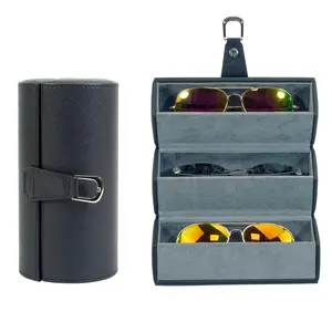 Sonny OEM Custom Manufacturer 3 Slot Black Leather Foldable Eyeglasses Holder Travel Sunglasses Roll Case