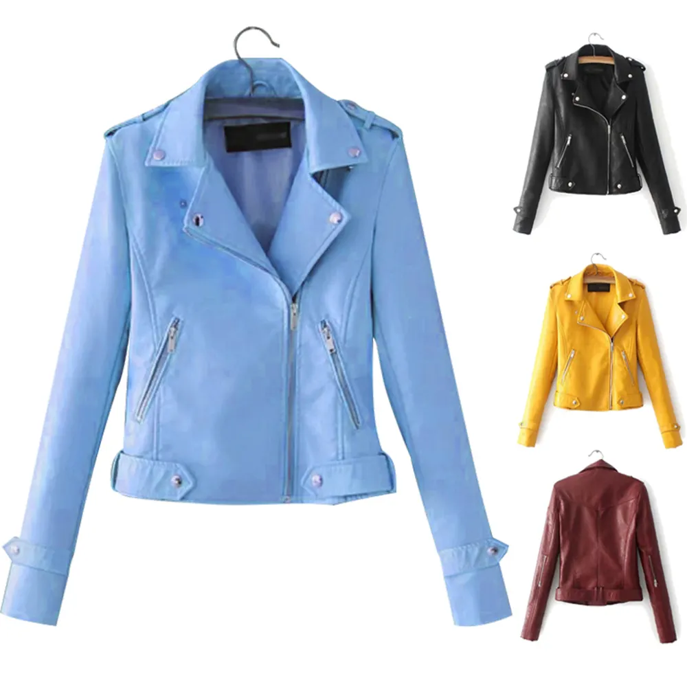 Best Selling Ladies PU Leather Clothing Zipper Jacket Fashion Slim Coat