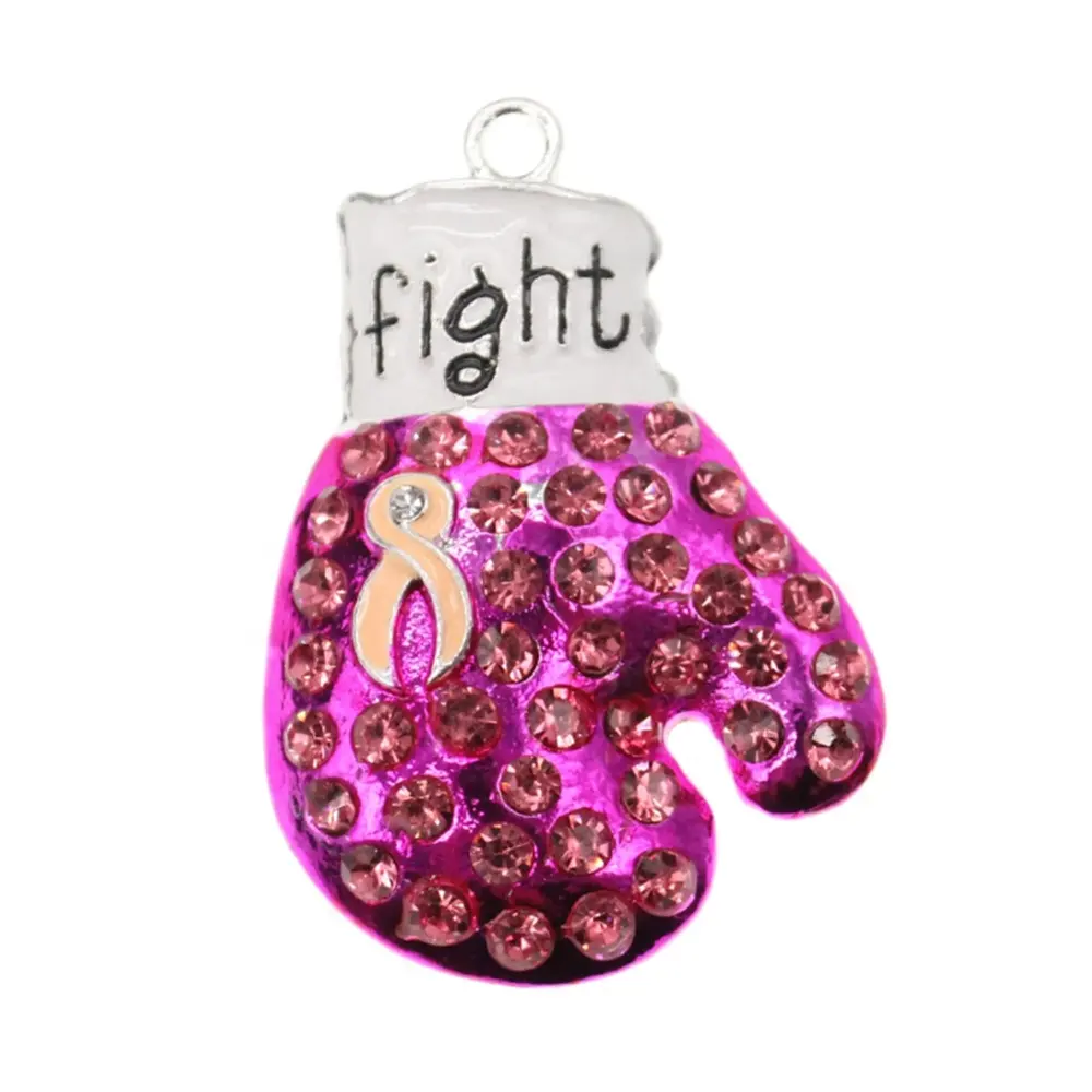 Fashion Rhinestone Pink Ribbon Breast Cancer Awareness Fight Boxing Glove Shape Pendant Brooch