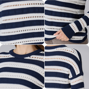 เสื้อถักไหมพรมผู้หญิงลายทาง แขนยาว ผ้าฝ้ายออร์แกนิค 100%  แบบโปร่งลายตาข่าย  พร้อมปักโลโก้ตามสั่ง - Product Image 6