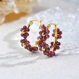 Gold Plated Hoop <b>Earrings</b> With <b>Garnet</b> Flower Design Women's Romantic Party Jewelry - Product Image 1