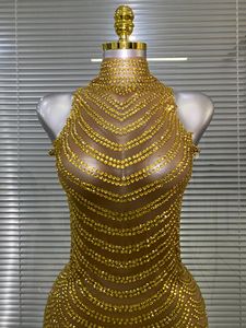 Abito Lungo da <span class=keywords><strong>Donna</strong></span> di Lusso per Feste, Vestito da Sera con Strass Dorati e Rete Trasparente per Performance sul Palco - Product Image 2