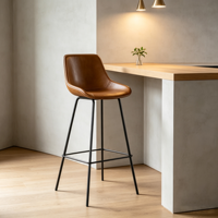 Tabouret de bar vintage en cuir PU avec dossier et pieds en fer, hauteur de comptoir pour îlot de cuisine et bar de café