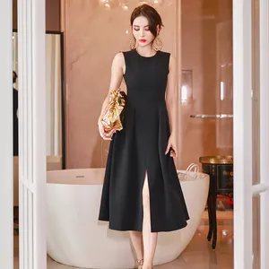 9503 Wholesale Supplier Plain Black Sleeveless Sexy Dresses Round Neck Slim Swing A-line Midi Slit Dress For Ladies