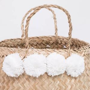 High Quality Vietnam Seagrass Belly <b>Basket</b> Natural <b>Plastic</b> Storage Organizer Colorful Pompoms for Home Laundry Daily Storage - Product Image 5