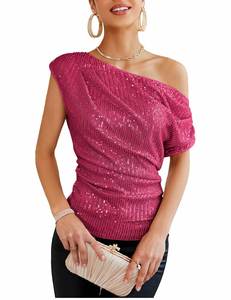 2025 primavera ed estate nuove da donna a manica corta a spalla singola con paillettes a manica corta elegante <span class=keywords><strong>camicetta</strong></span> da donna sottile - Product Image 3