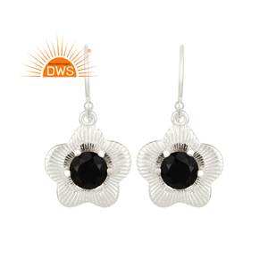 New Flower Design 925 Sterling Fine Silver Hook <b>Earrings</b> Jewelry Manufacturer Black <b>Onyx</b> Gemstone Prong Set <b>Earrings</b> - Product Image 1