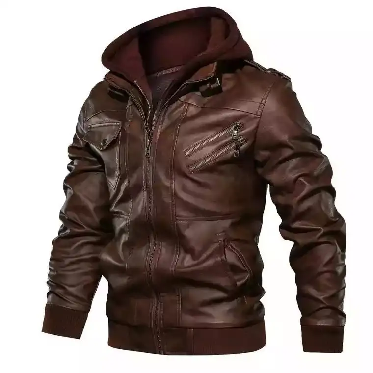 Winter Casual Vintage Brown Zipper Biker Hooded Jacket Coat Men Long Sleeve Mens Leather Jacket Motorcycle Jacket