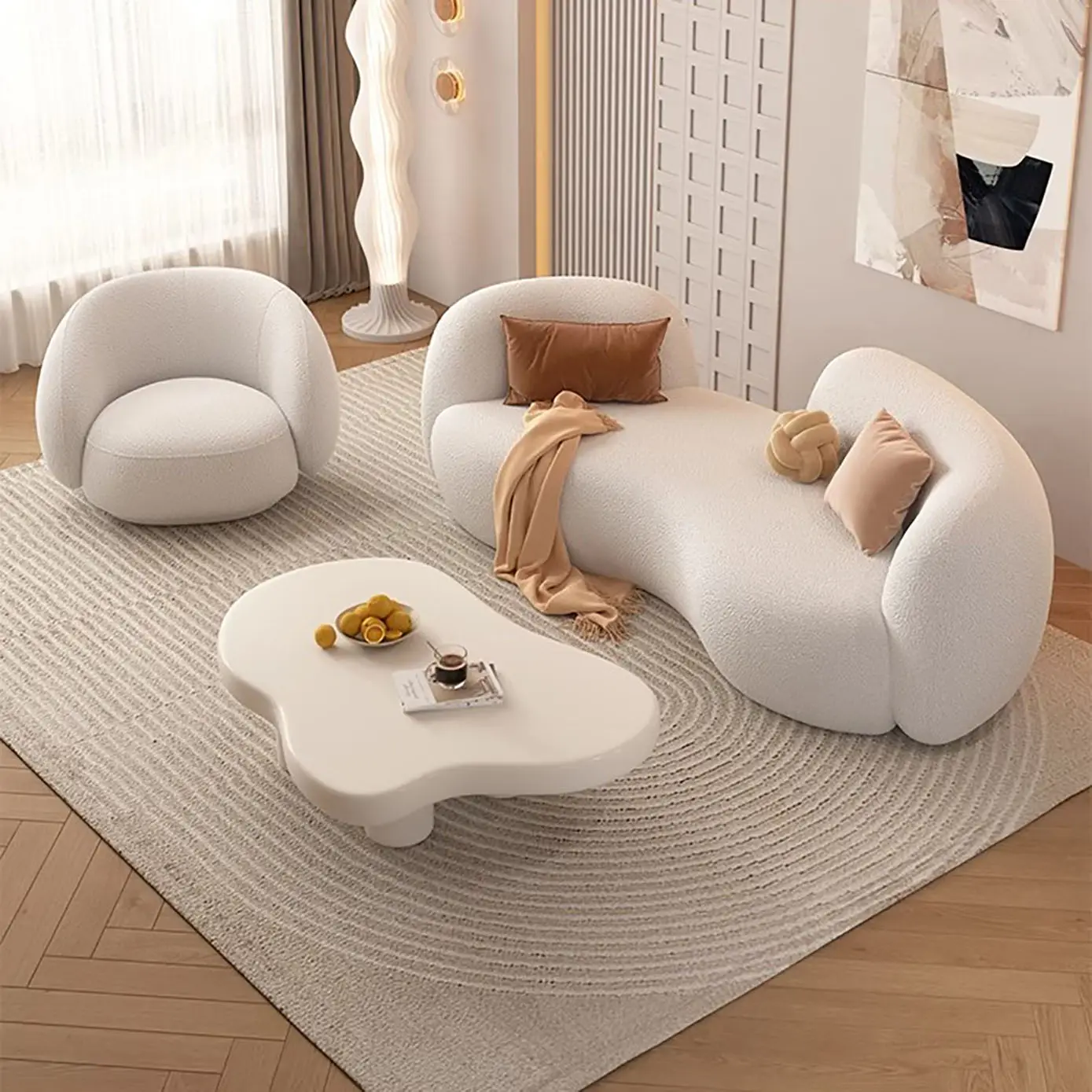 Sofá-cama curvo moderno simples de lã de cordeiro nórdico, tecido de desenho artístico para três pessoas, sofá alienígena para sala de estar, unidade pequena