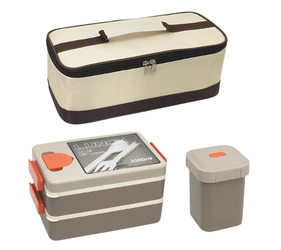 2000ml Double Layer BPA Free Plastic Bento Box with Dinnerware Set with Soup Cup and Lunch Bag
