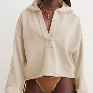 Sweat-shirt vintage à manches longues en molleton français de haute qualité pour femmes, à capuche, à ouverture profonde, avec surpiqûres inversées - Product Image 4