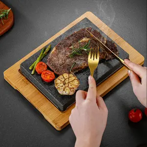 Lava Stone Steak Plate with Bamboo Tray Cooking Hot Stones for Steak Indoor Grill Sizzling Hot Steak Stone Cooking Rock Set